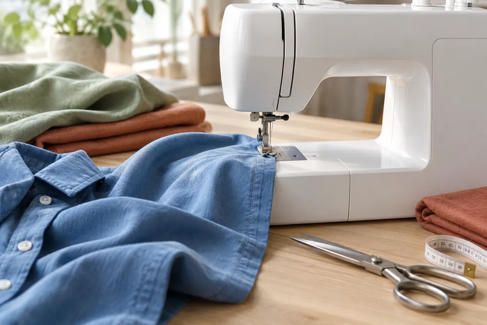 Stimmungsbild: moderne Nähmaschine mit blauem Baumwollstoff