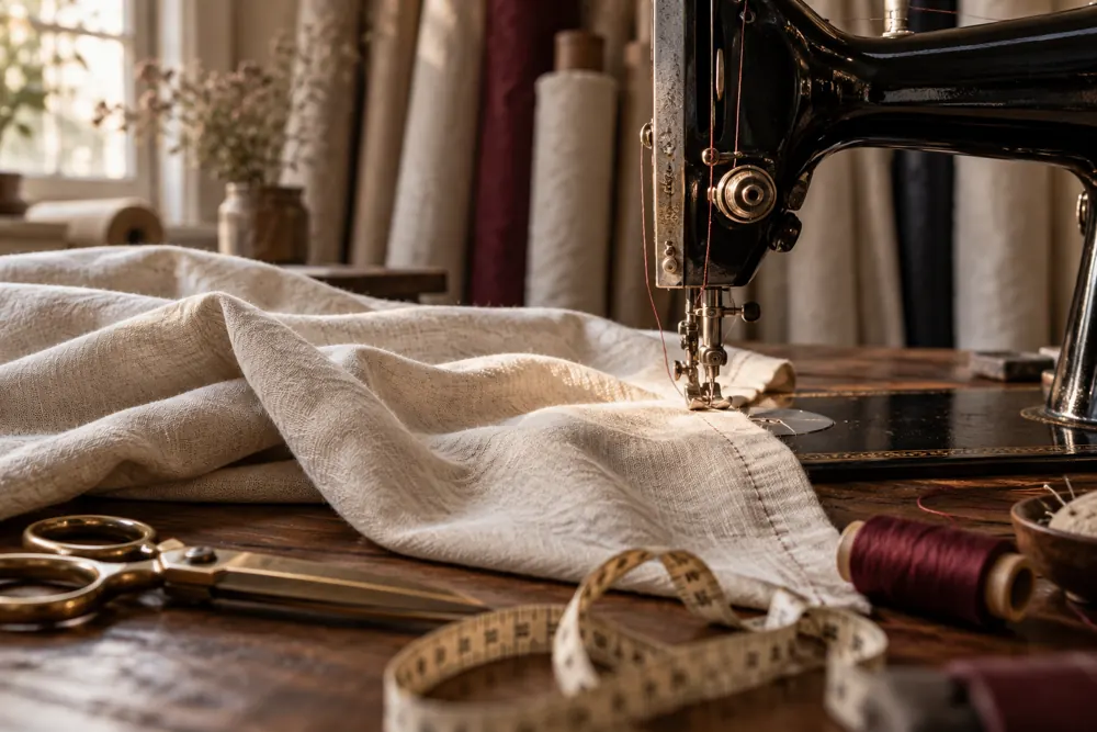 KI-Stimmungsbild: traditionelle Nähmaschine und Leinen auf einem Arbeitstisch